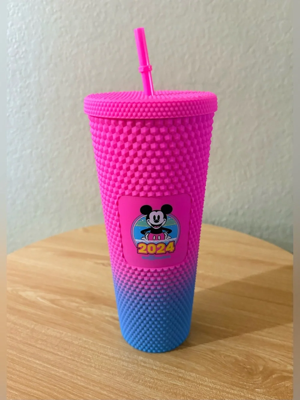 Disney Parks Starbucks Mickey Mouse Neon Pink Blue Ombre Studded Tumbler 2024
